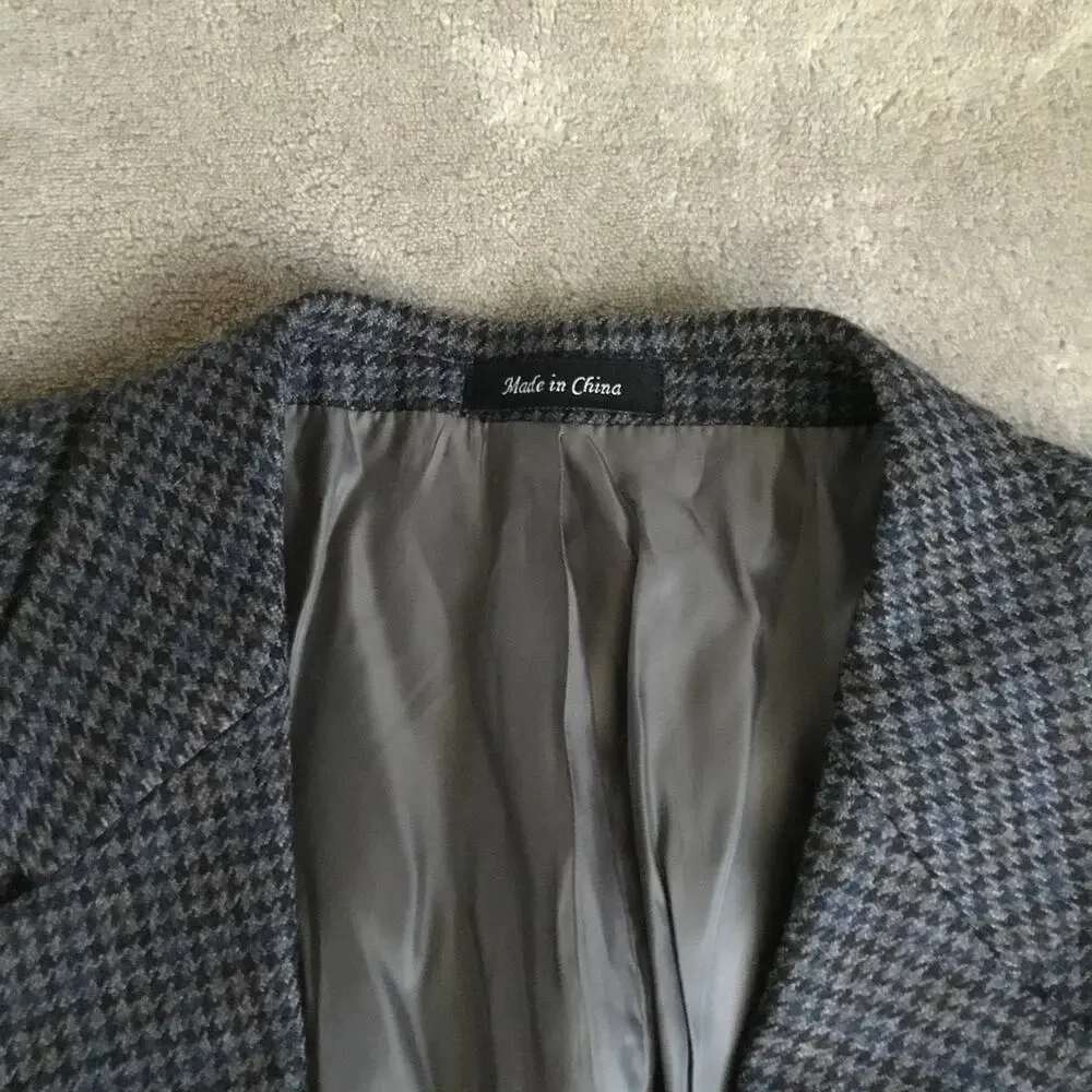 Ralph Lauren Chaps Jacket 46R Gray/Black Wool Blazer Coat Houndstooth